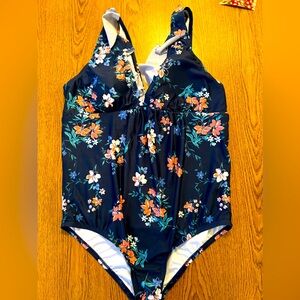 Beach Scene Navy & Pink Floral Maternity‎ Bathing Suit Size L NWOT